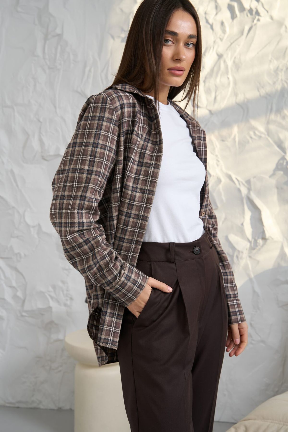 Жіноча картата сорочка Oversize шоколадний