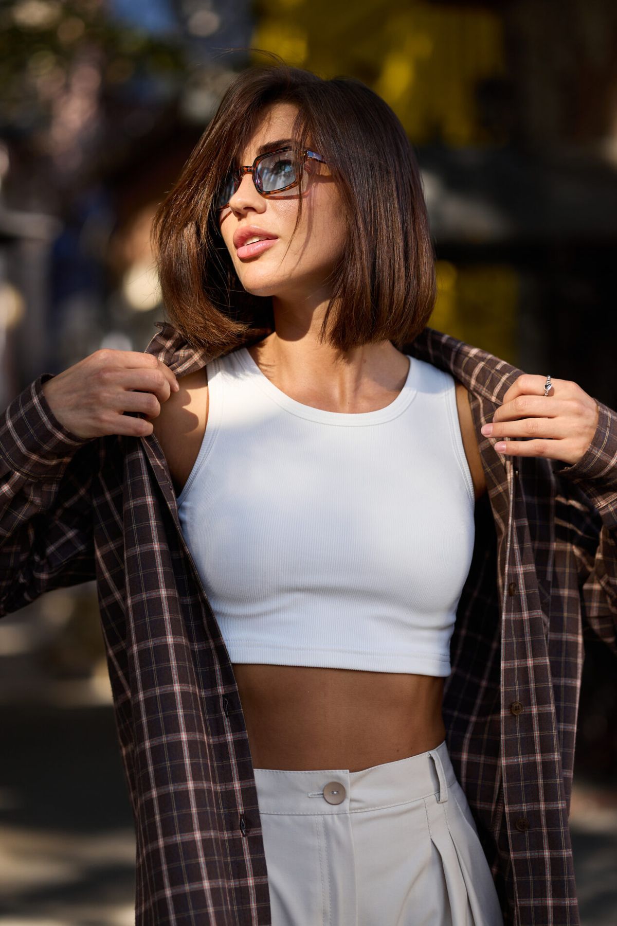 Женская клетчатая рубашка Oversize коричневая