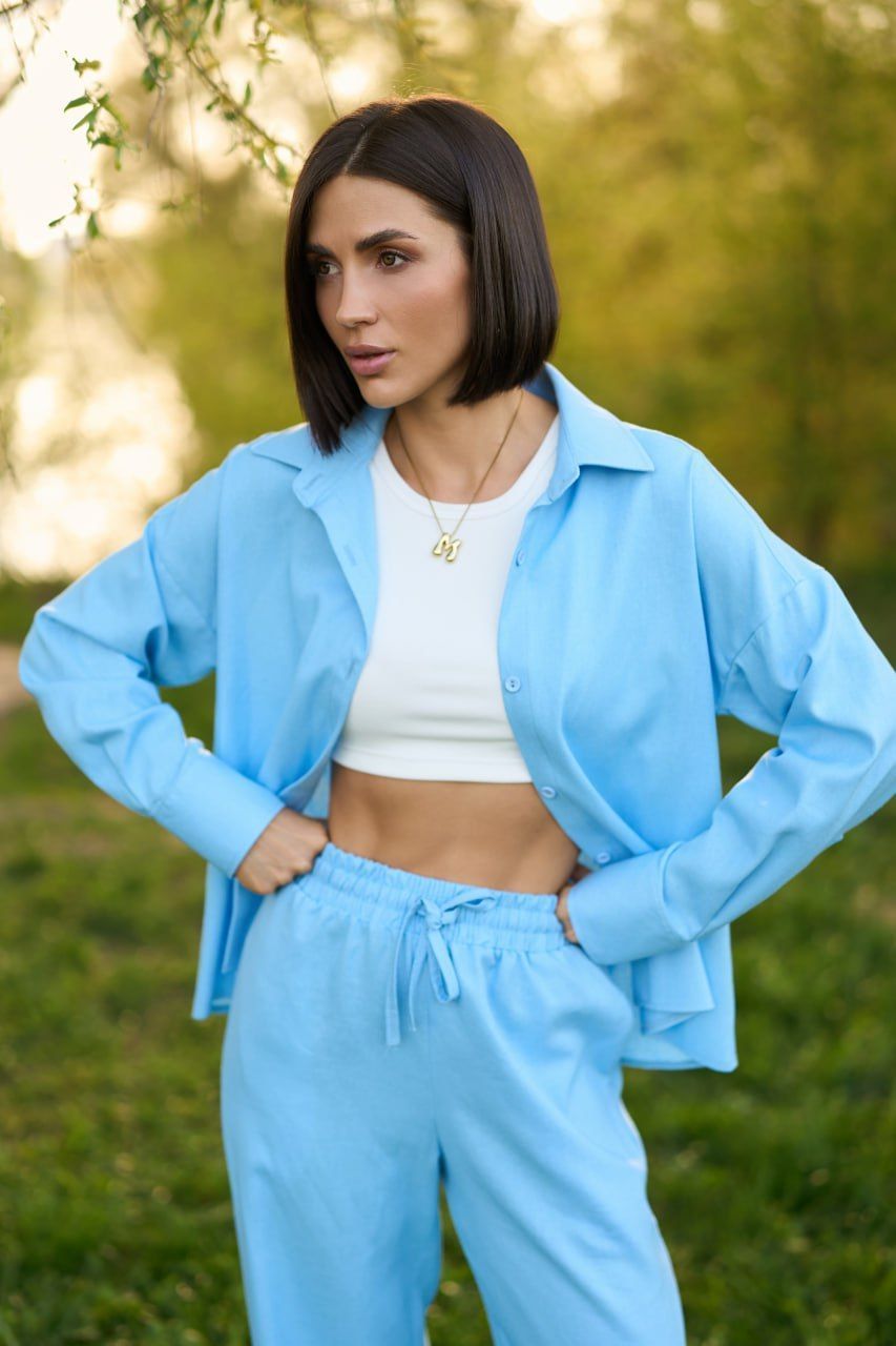 Костюм LIANA PALAZZO з льону сорочка +палаццо світло-блакитний, S
