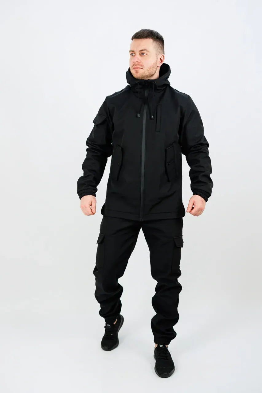 Мужской костюм на флисе Softshell софтшелл черный, S